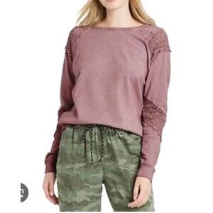 Knox Rose Lace Trim Sweatshirt Womens  Medium Purple Long Sleeve Boatneck Boho